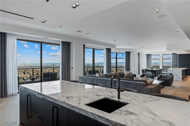 kitchen with a sink, dark cabinetry, light stone countertops, and open floor plan