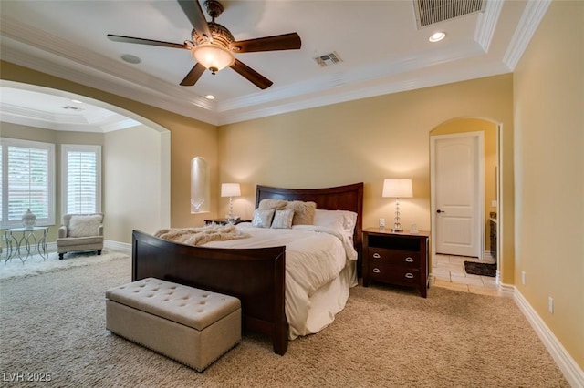 9749 Glistening Brook Ct, Las Vegas, NV 89149 - bedroom with light carpet, arched walkways, baseboards, crown molding, and recessed lighting
