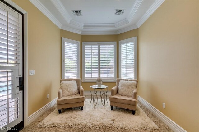 9749 Glistening Brook Ct, Las Vegas, NV 89149 - living area featuring carpet, healthy amount of natural light, ornamental molding, a raised ceiling, and baseboards