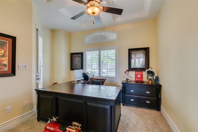 9749 Glistening Brook Ct, Las Vegas, NV 89149 - office space with a ceiling fan, light colored carpet, a tray ceiling, and baseboards