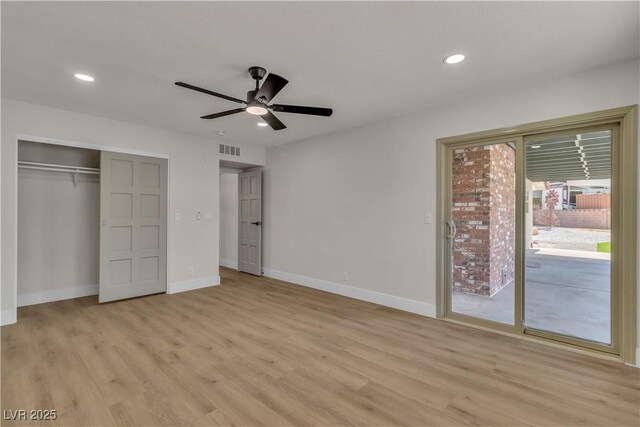 4061 W Eldorado Ln, Las Vegas, NV 89139 - unfurnished bedroom featuring access to exterior, light wood-style flooring, baseboards, recessed lighting, and ceiling fan