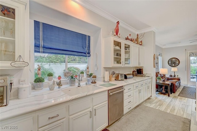 729 Sir James Bridge Way, Las Vegas, NV 89145 - kitchen with dishwasher, a sink, ornamental molding, white cabinetry, and glass insert cabinets