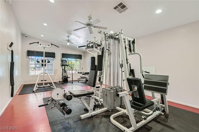 gym featuring baseboards, recessed lighting, and a ceiling fan