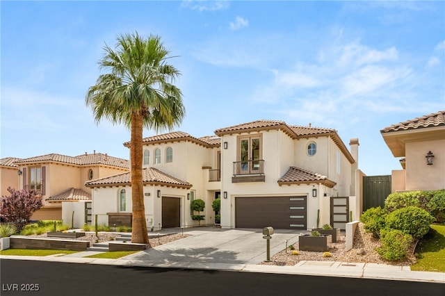 11453 Glowing Sunset Ln, Las Vegas, NV 89135 - mediterranean / spanish house with a balcony, an attached garage, driveway, and a tile roof