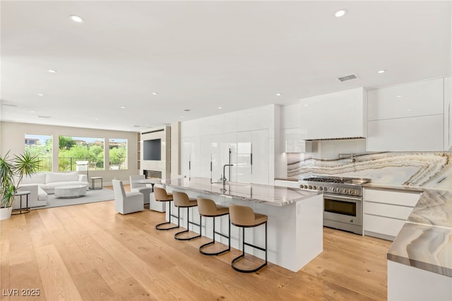11453 Glowing Sunset Ln, Las Vegas, NV 89135 - kitchen featuring modern cabinets, high quality appliances, white cabinets, light wood finished floors, and recessed lighting