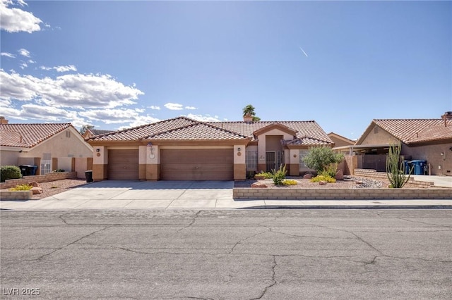 5441 Rose Hills St, Las Vegas, NV 89149 - view of front of house featuring stucco siding, a garage, a tile roof, driveway, and a chimney