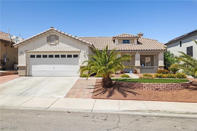 9282 W Viking Rd, Las Vegas, NV 89147 - view of front facade with driveway, an attached garage, a chimney, and stucco siding