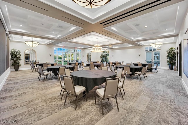 720 Webber Park St, Henderson, NV 89011 - dining room featuring light colored carpet, coffered ceiling, baseboards, a chandelier, and beamed ceiling