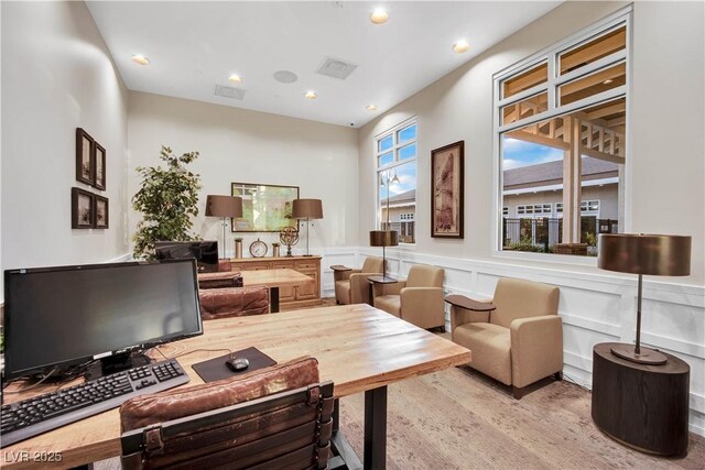 720 Webber Park St, Henderson, NV 89011 - office with wood finished floors, a decorative wall, a wainscoted wall, and recessed lighting