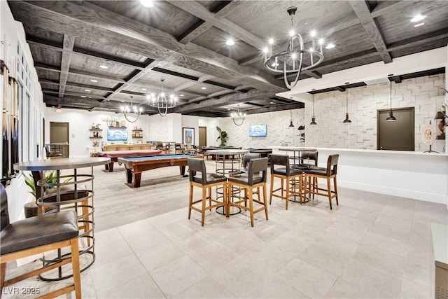 720 Webber Park St, Henderson, NV 89011 - dining room featuring coffered ceiling, a chandelier, beam ceiling, billiards table, and recessed lighting