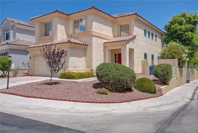 view of front of property featuring a tile roof, a garage, stucco siding, concrete driveway, and fence