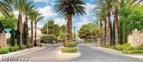view of asphalt street with a gated entry and curbs
