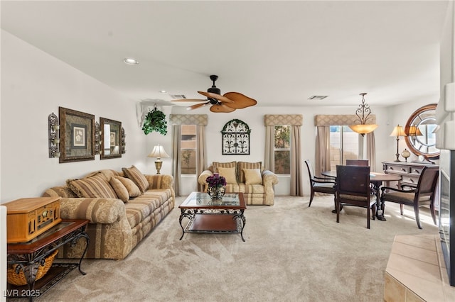 9522 Arrowhead Falls Ct, Las Vegas, NV 89148 - living room with light carpet, ceiling fan, and recessed lighting