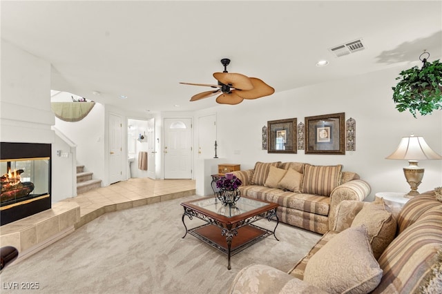 9522 Arrowhead Falls Ct, Las Vegas, NV 89148 - living room with carpet floors, recessed lighting, stairway, and ceiling fan