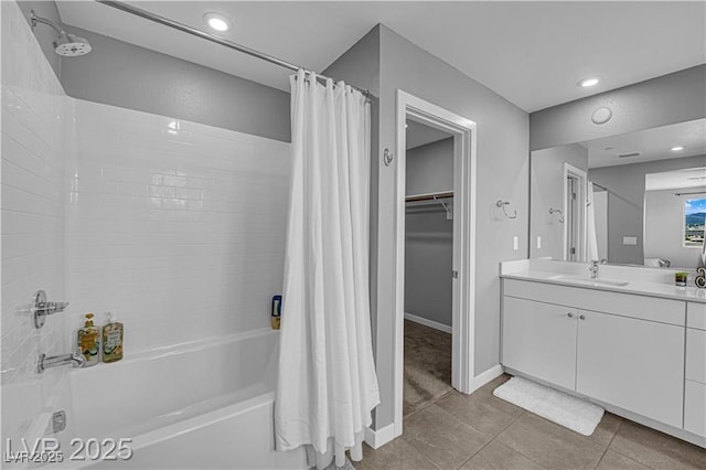 3192 Timorasso Ave, Henderson, NV 89044 - bathroom with shower / bathtub combination with curtain, vanity, tile patterned floors, baseboards, and recessed lighting