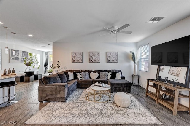 8164 Golden Cholla Ave, Las Vegas, NV 89179 - living room with recessed lighting, ceiling fan, and wood finished floors