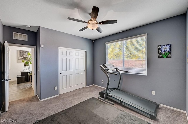 8164 Golden Cholla Ave, Las Vegas, NV 89179 - exercise room featuring carpet flooring, ceiling fan, and baseboards