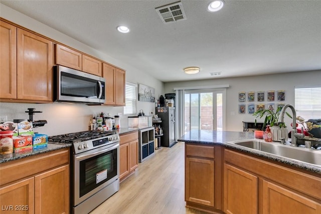 kitchen with stainless steel appliances, a sink, healthy amount of natural light, light wood-style flooring, and recessed lighting