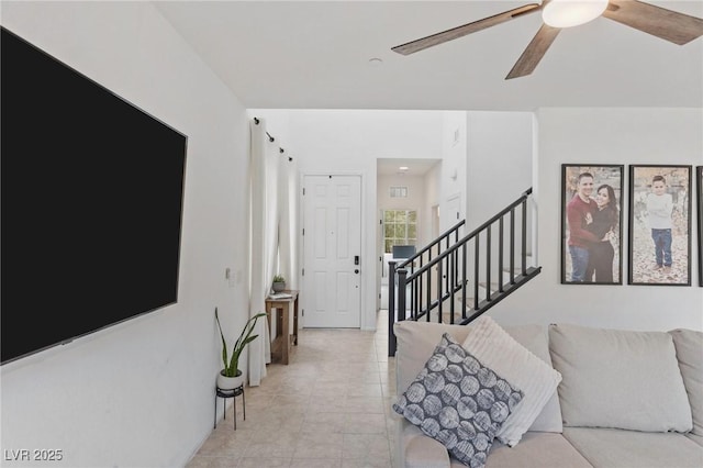10376 Sadie Blake Ave, Las Vegas, NV 89166 - living area featuring a ceiling fan and stairs
