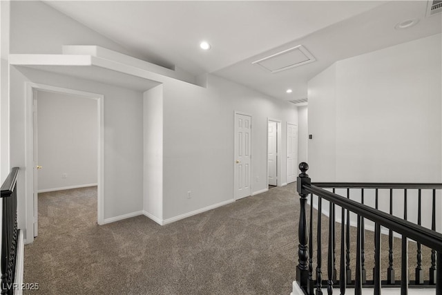 4607 El Camino Cabos Dr, Las Vegas, NV 89147 - corridor featuring carpet floors, attic access, an upstairs landing, recessed lighting, and baseboards