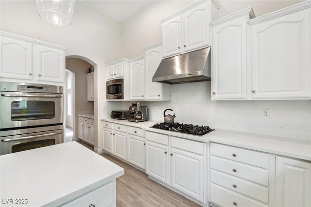 801 Aquitaine Ct, Las Vegas, NV 89145 - kitchen with under cabinet range hood, stainless steel appliances, arched walkways, light wood finished floors, and white cabinets