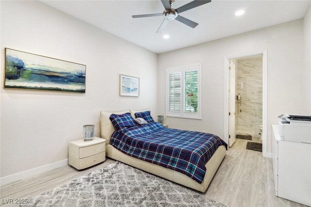 801 Aquitaine Ct, Las Vegas, NV 89145 - bedroom featuring wood finished floors, recessed lighting, ensuite bath, and ceiling fan