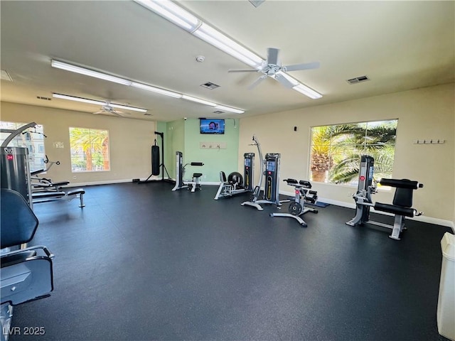 7173 S Durango Dr Unit 307, Las Vegas, NV 89113 - exercise room featuring ceiling fan, healthy amount of natural light, and baseboards