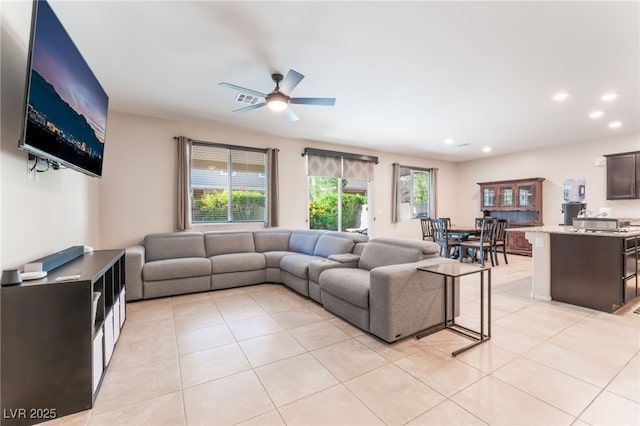 4524 Stardusk Falls Ave, North Las Vegas, NV 89084 - living room with light tile patterned flooring, ceiling fan, and recessed lighting