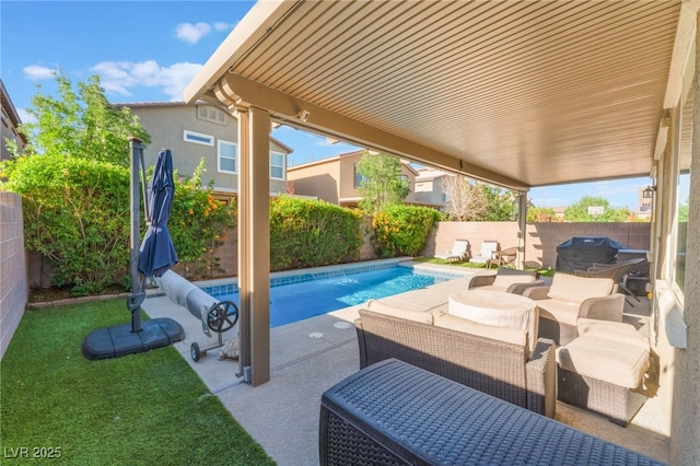 4524 Stardusk Falls Ave, North Las Vegas, NV 89084 - view of swimming pool featuring a fenced backyard, a patio, and a grill