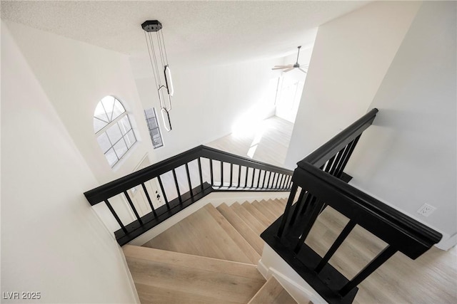 4669 Winfield Dr, Las Vegas, NV 89147 - staircase featuring wood finished floors, a ceiling fan, and a textured ceiling