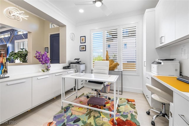 office area featuring ornamental molding, a ceiling fan, and recessed lighting