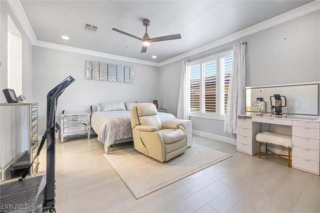 bedroom with light wood-style flooring, a desk, ornamental molding, baseboards, and recessed lighting