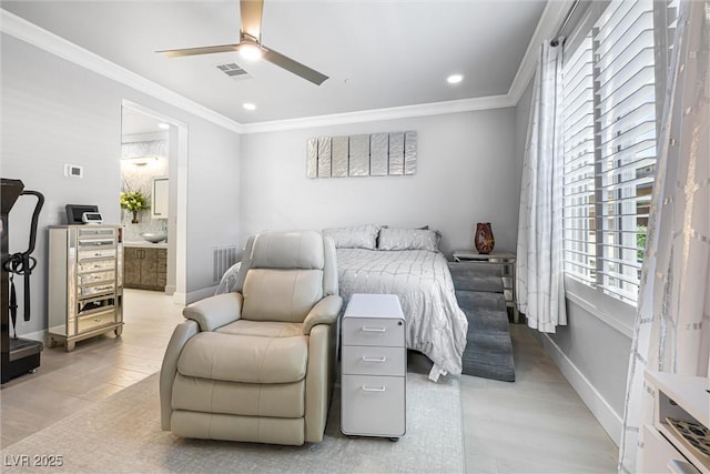 bedroom with crown molding, baseboards, ensuite bath, light wood finished floors, and recessed lighting