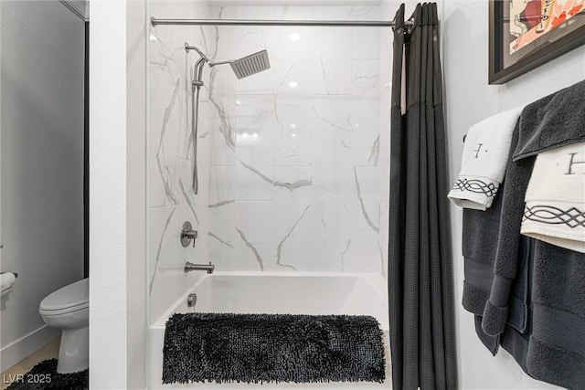 full bathroom featuring toilet and shower / bathtub combination with curtain