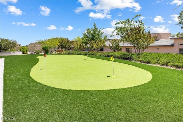 view of home's community with a putting area