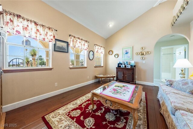 3640 E Vineyard Dr, Pahrump, NV 89048 - living area featuring vaulted ceiling, hardwood / wood-style floors, arched walkways, and baseboards