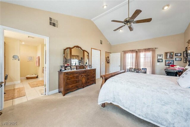 3640 E Vineyard Dr, Pahrump, NV 89048 - bedroom with carpet floors, high vaulted ceiling, baseboards, connected bathroom, and recessed lighting