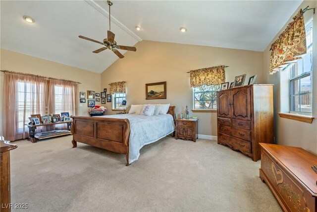 3640 E Vineyard Dr, Pahrump, NV 89048 - bedroom with light colored carpet, high vaulted ceiling, ceiling fan, and baseboards
