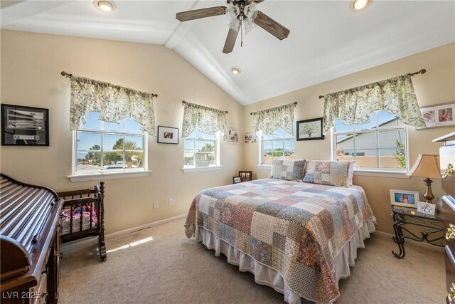 3640 E Vineyard Dr, Pahrump, NV 89048 - bedroom featuring carpet floors, vaulted ceiling, baseboards, recessed lighting, and ceiling fan