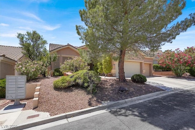 view of property hidden behind natural elements with driveway, an attached garage, and stucco siding