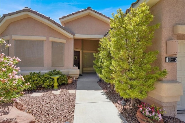 view of exterior entry featuring stucco siding