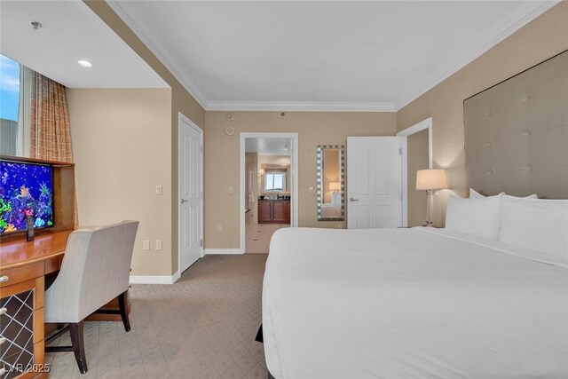 135 E Harmon Ave Unit 1102, Las Vegas, NV 89109 - carpeted bedroom featuring baseboards and crown molding