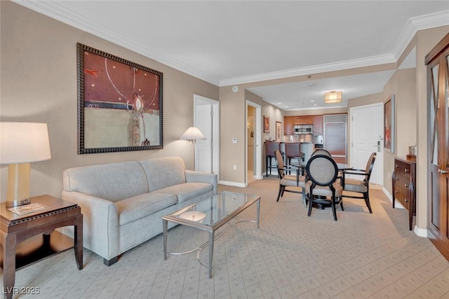 135 E Harmon Ave Unit 1102, Las Vegas, NV 89109 - living room featuring baseboards, light colored carpet, and ornamental molding