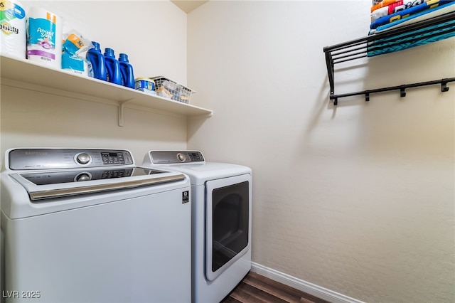 184 Cullerton St, Las Vegas, NV 89148 - laundry room with washing machine and dryer, dark wood finished floors, and baseboards