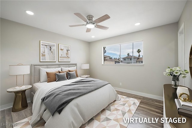 bedroom with wood finished floors, baseboards, recessed lighting, and ceiling fan