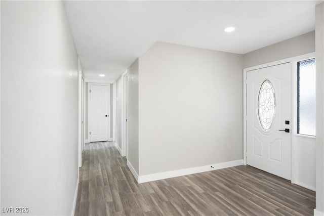 entrance foyer featuring wood finished floors, baseboards, and recessed lighting