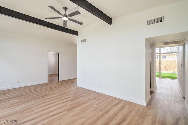 empty room with ceiling fan, baseboards, and light wood-style flooring