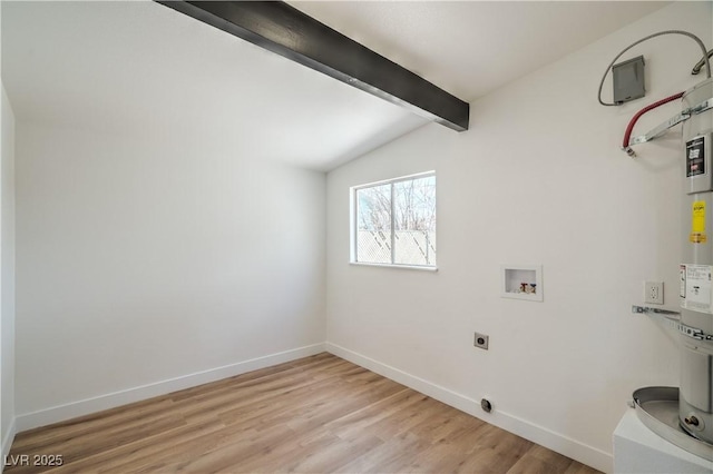 laundry room featuring electric dryer hookup, light wood-type flooring, baseboards, and washer hookup