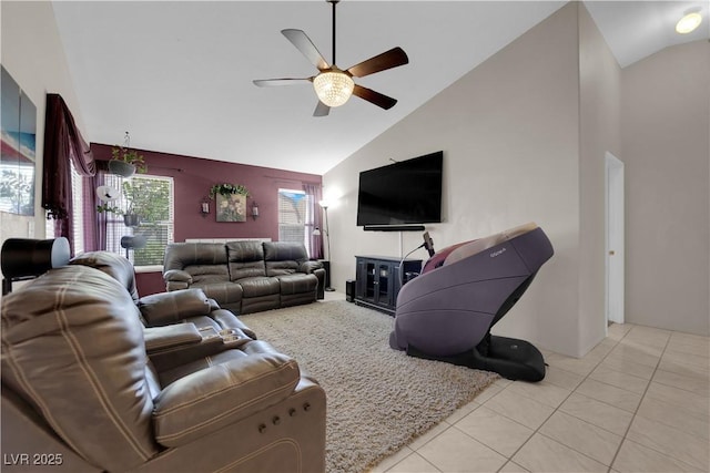 5884 Deer Valley Dr, Las Vegas, NV 89156 - living area with a ceiling fan, tile patterned floors, and high vaulted ceiling
