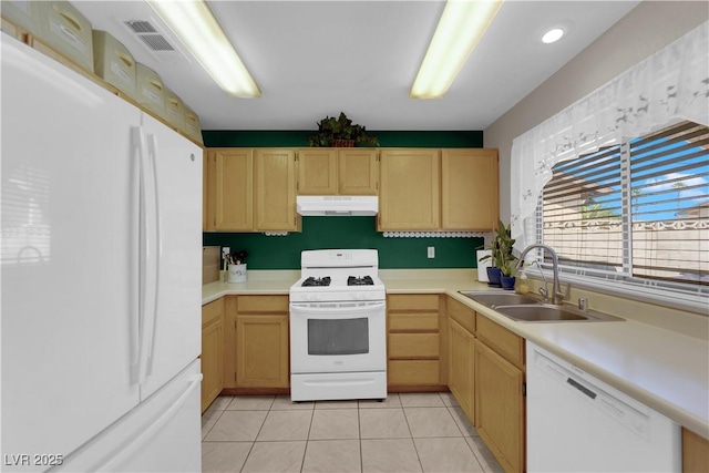 5884 Deer Valley Dr, Las Vegas, NV 89156 - kitchen with white appliances, a sink, under cabinet range hood, and light brown cabinetry